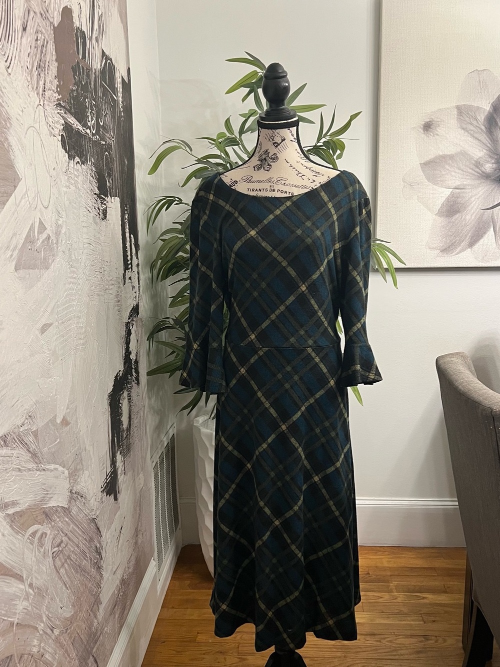 connected apparel Dark Green Plaid Midi Dress with Flared Sleeves